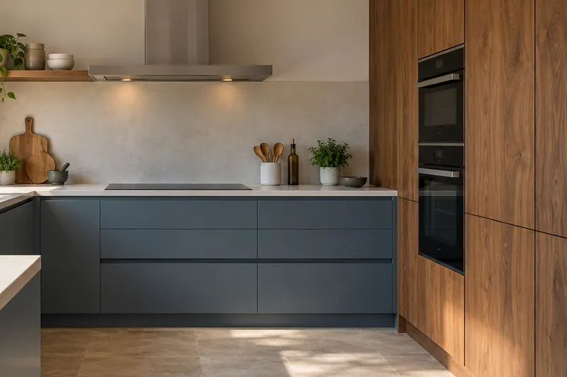 Visualización conceptual IA de cocina: Cocinas de Luis Carmona. Detalle de materiales y distribución.
