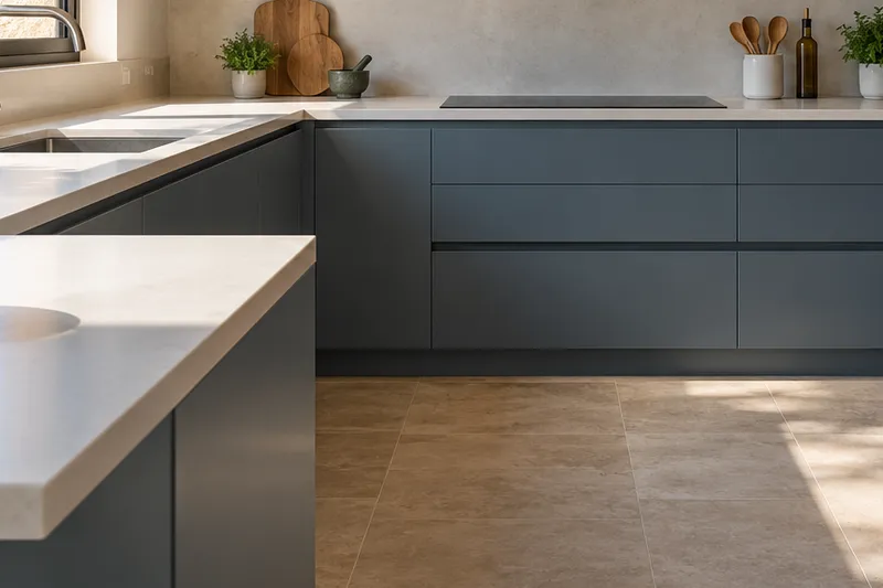 Visualización conceptual IA de cocina: Cocinas de Luis Carmona. Detalle de materiales y distribución.