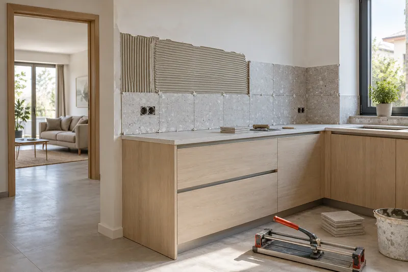 Visualización conceptual IA: Colocación de azulejos con separadores y adhesivo sobre una pared de cocina.