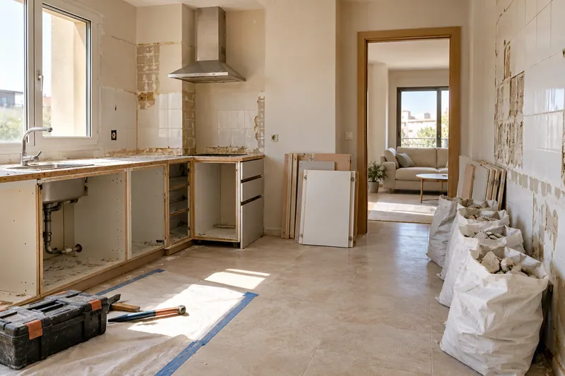 Visualización conceptual IA: Retirada de muebles y revestimientos al comienzo de una reforma de cocina.