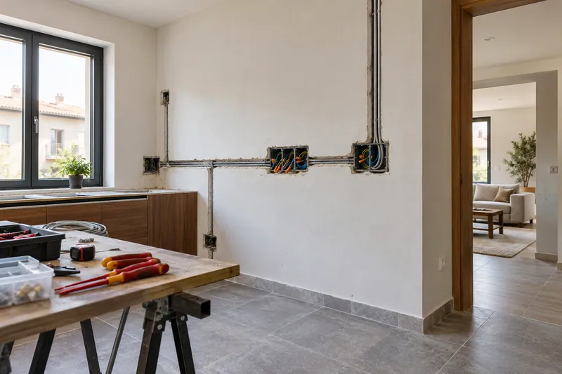 Visualización conceptual IA: Canalizaciones y cajas eléctricas durante la preparación de una cocina.