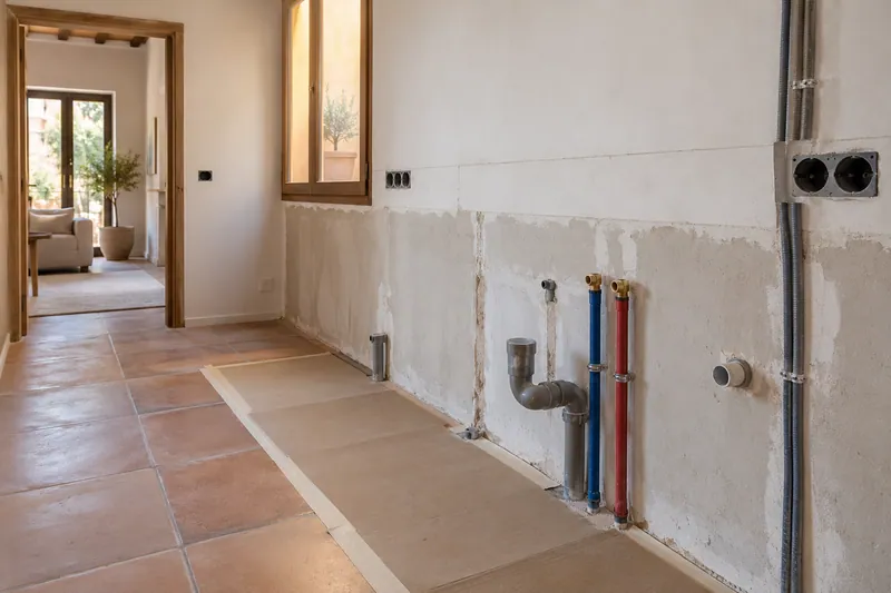 Visualización conceptual IA: Tuberías de suministro y desagüe durante la renovación de una cocina.