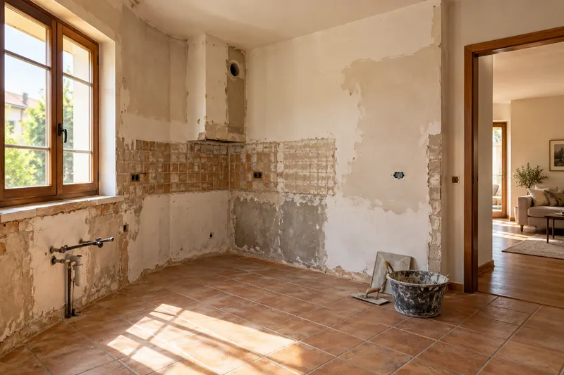 Visualización conceptual IA: Cocina sin muebles con paredes en preparación y zonas de enlucido.